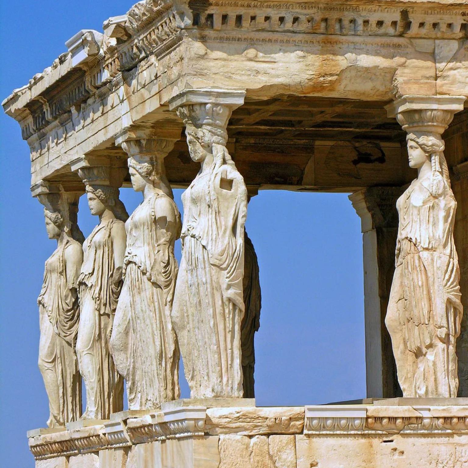 Six Karyatides female columns erected upon the ancient Erecheheion ruins at the heart of the Acropolis