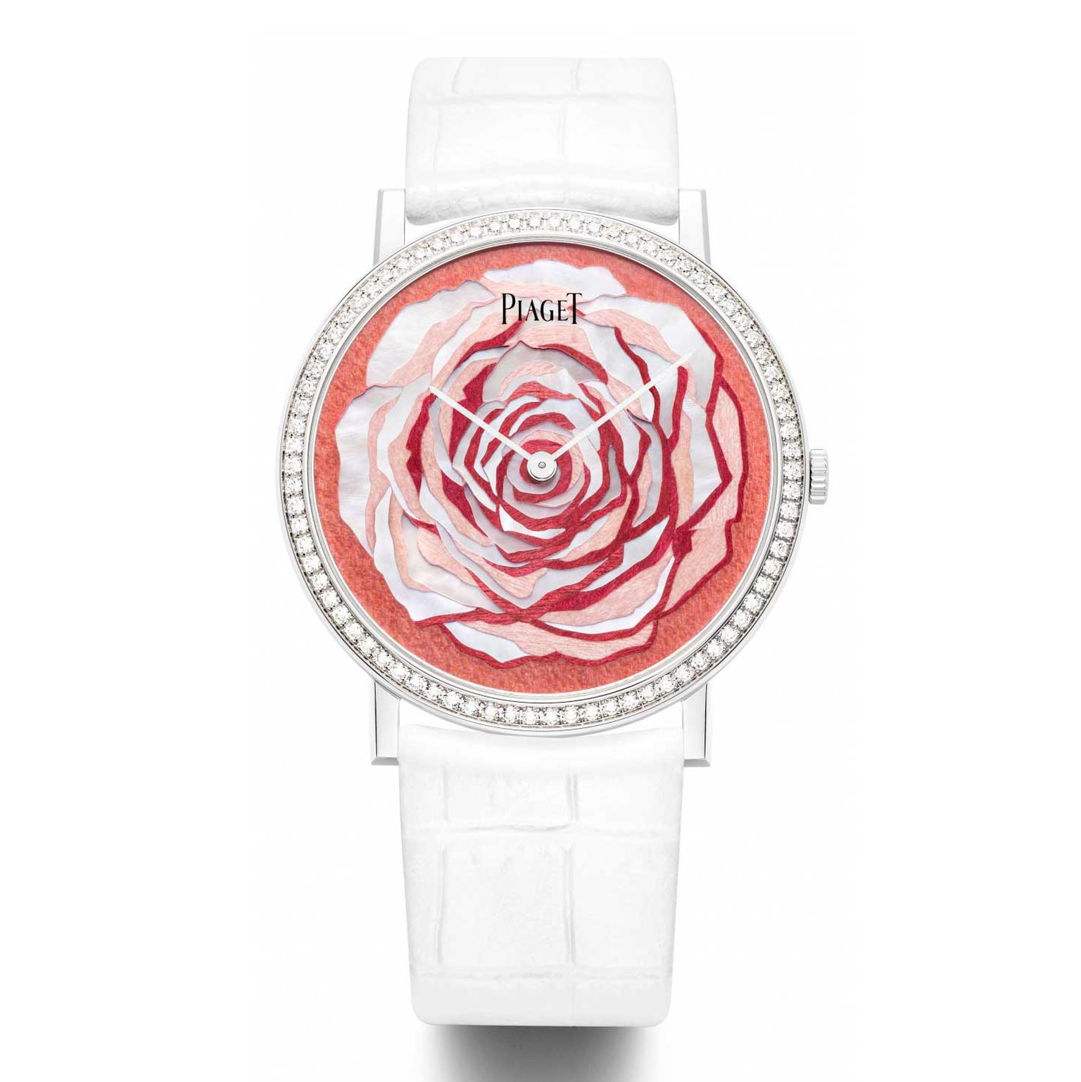Piaget Altiplano dial in white mother-of-pearl and wood marquetry by Rose Saneuil