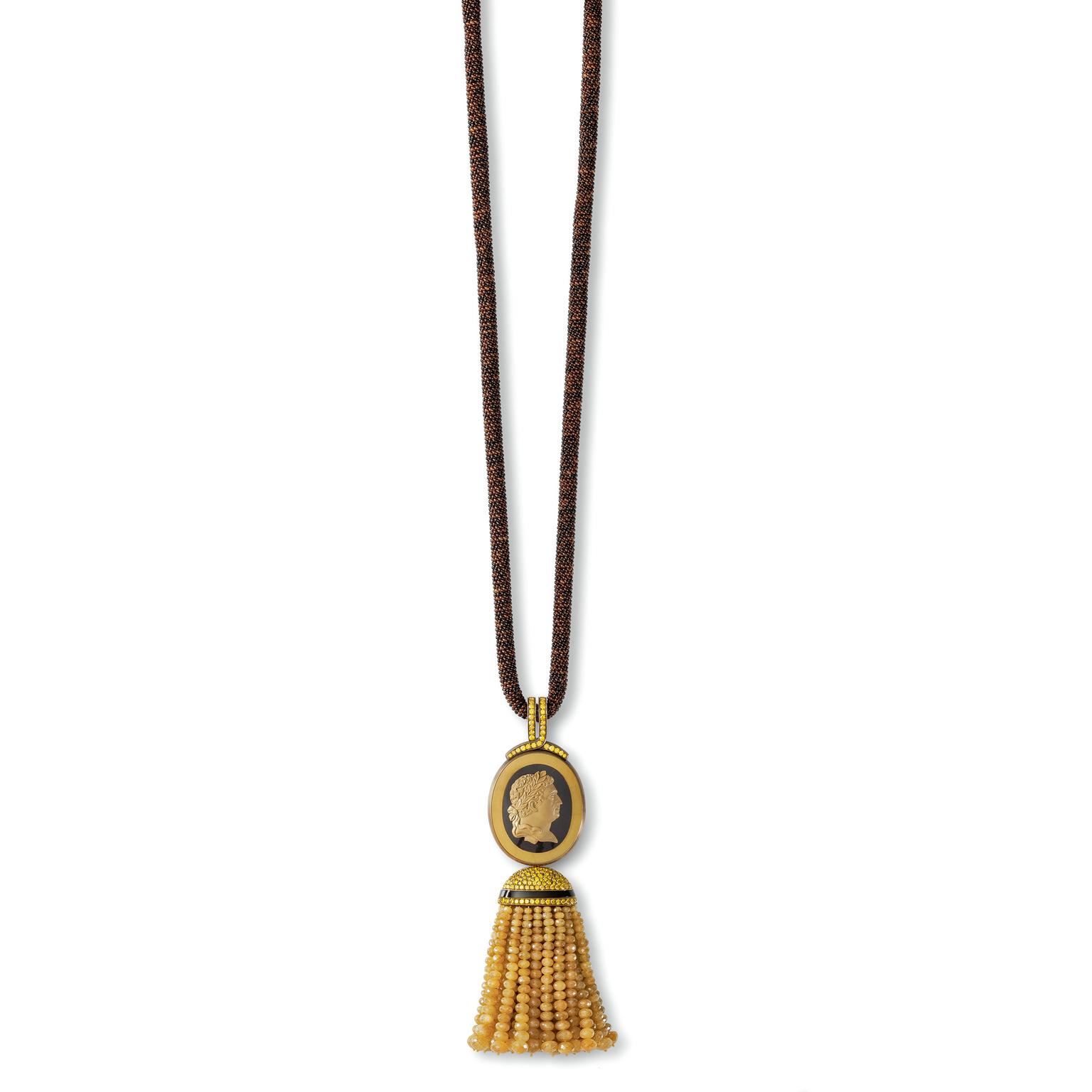 Hemmerle bronze, white gold, onyx, diamond and sapphire tassel necklace