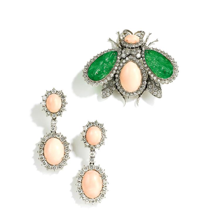Lot 317 Nardi coral and diamond brooch and ear clips