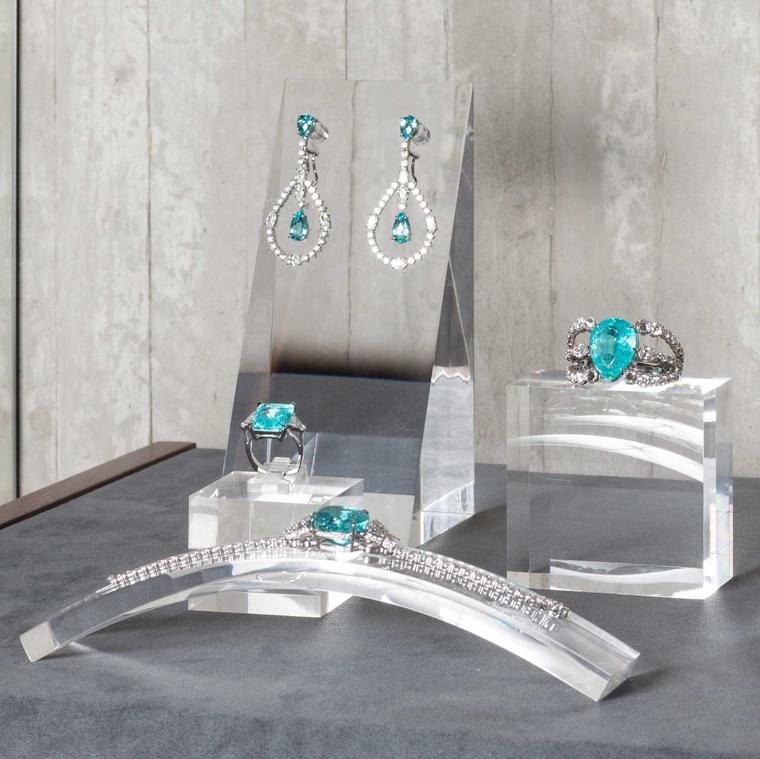 Ara Vartanian Paraiba tourmaline jewels on display in his London boutique
