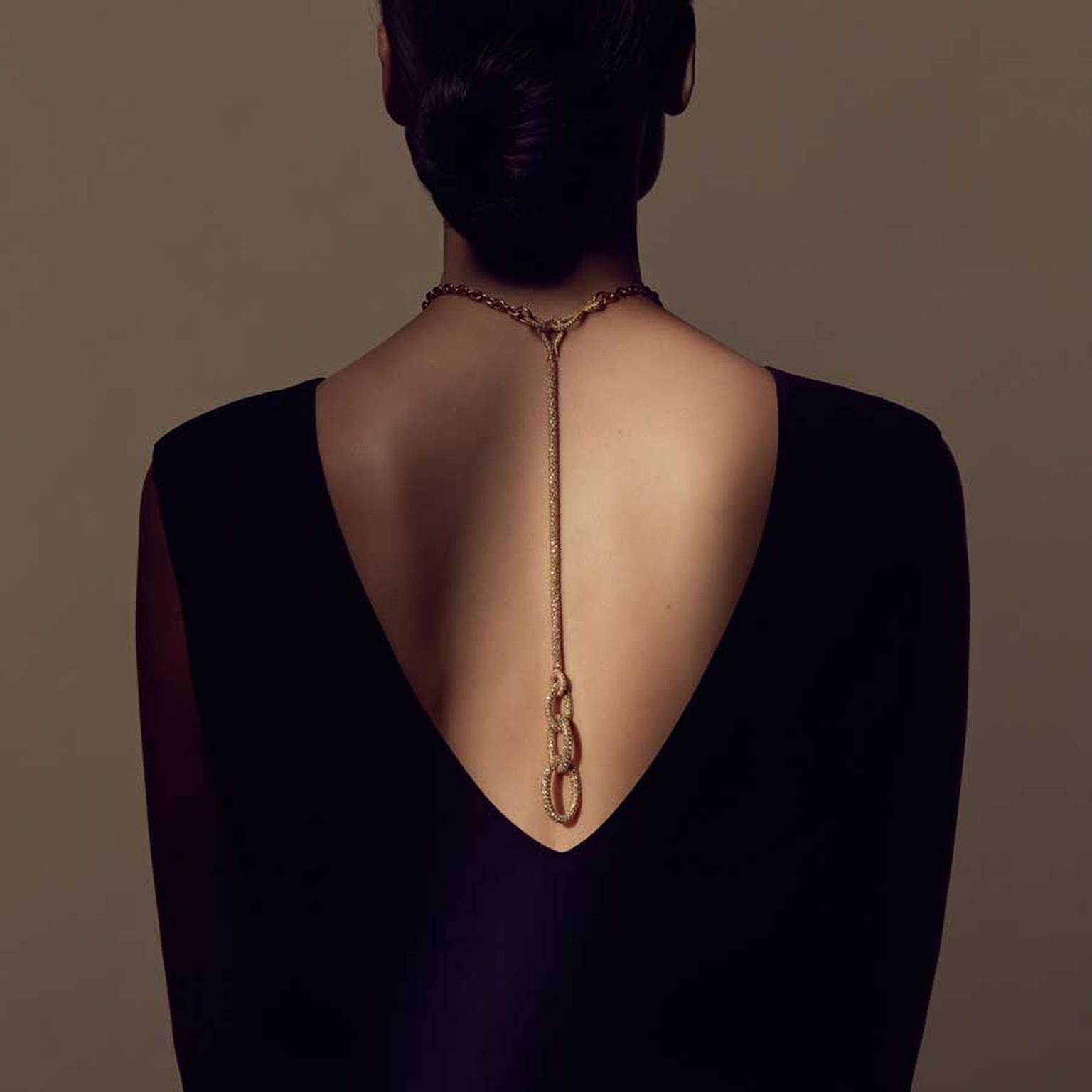 Vescovi Milano Odea Selene suite on model as necklace down back
