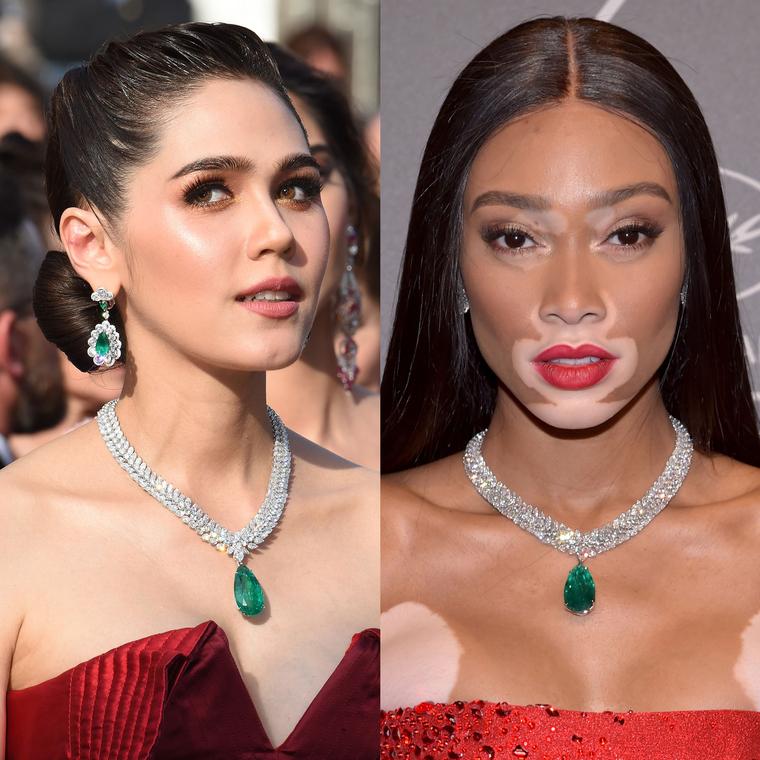 Araya Hargate and Winnie Harlow wear same Chopard emerald necklace on Cannes Film Festival red carpet
