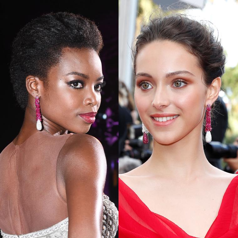 Maria Borges and Jenaye Noah May wear the same de GRISOGONO ruby earrings on the Cannes Film Festival red carpet