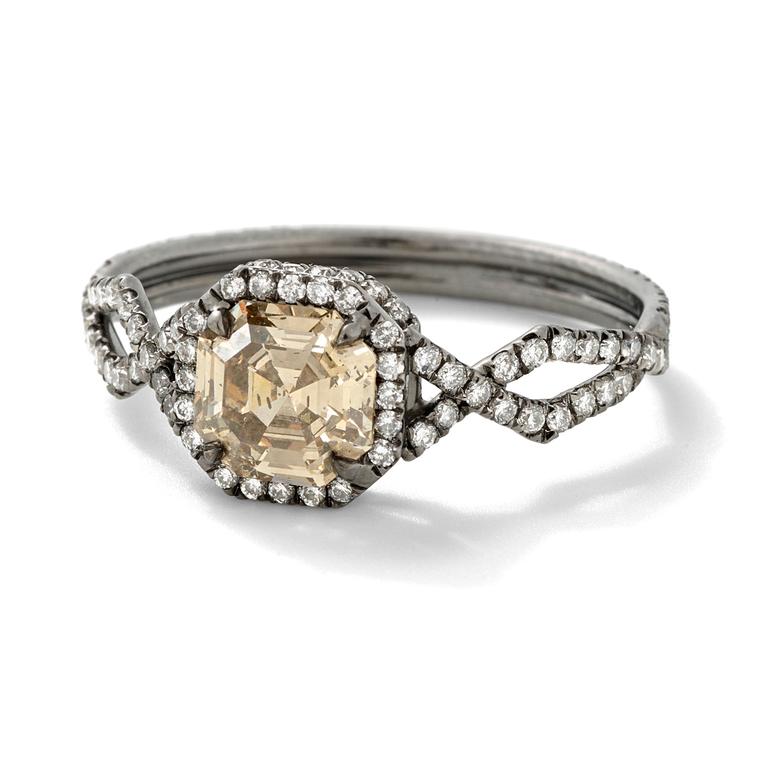 Monique Pean Mineraux recycled platinum and champagne diamond engagement ring