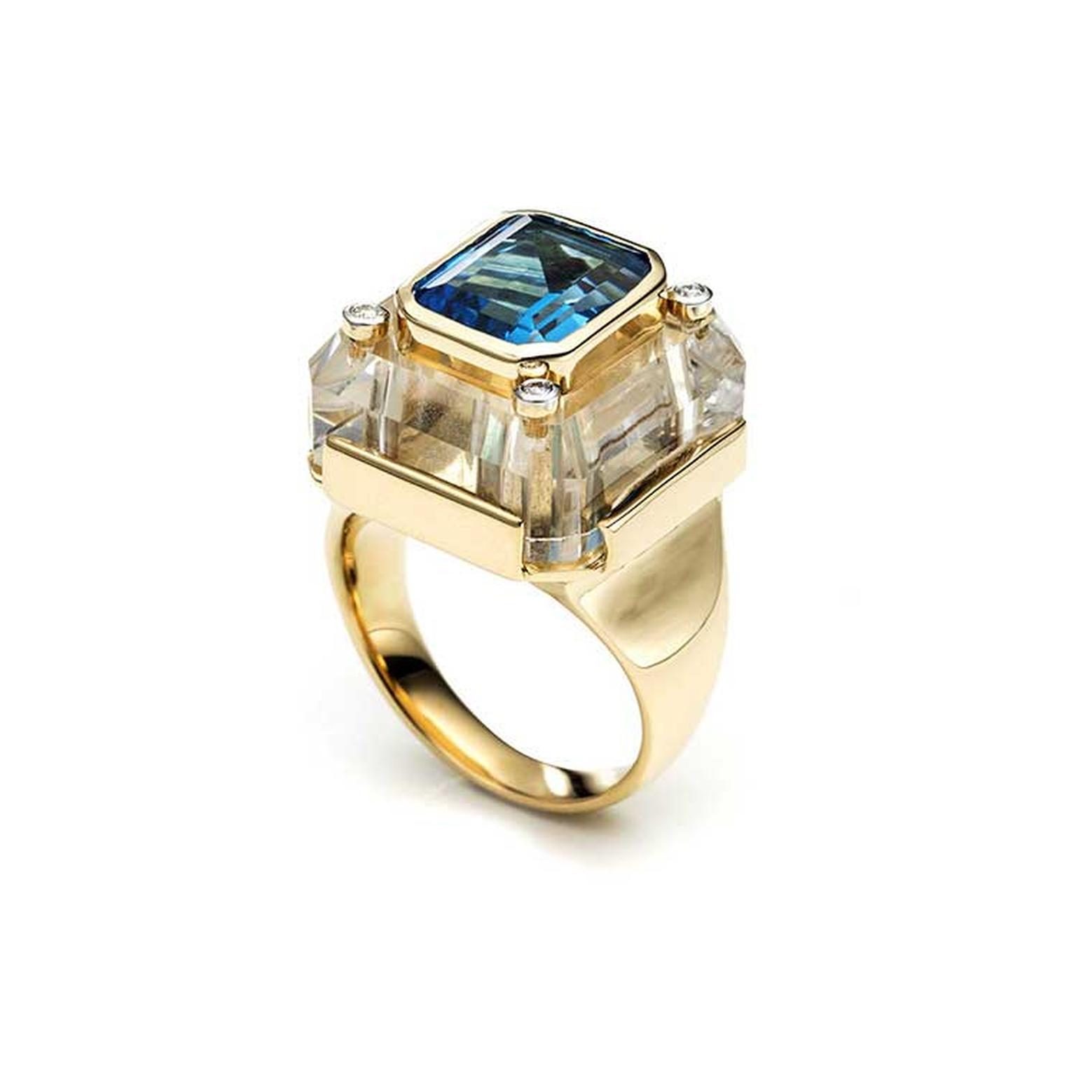 Extra small rock crystal and blue topaz Cava ring with diamonds | Kara ...