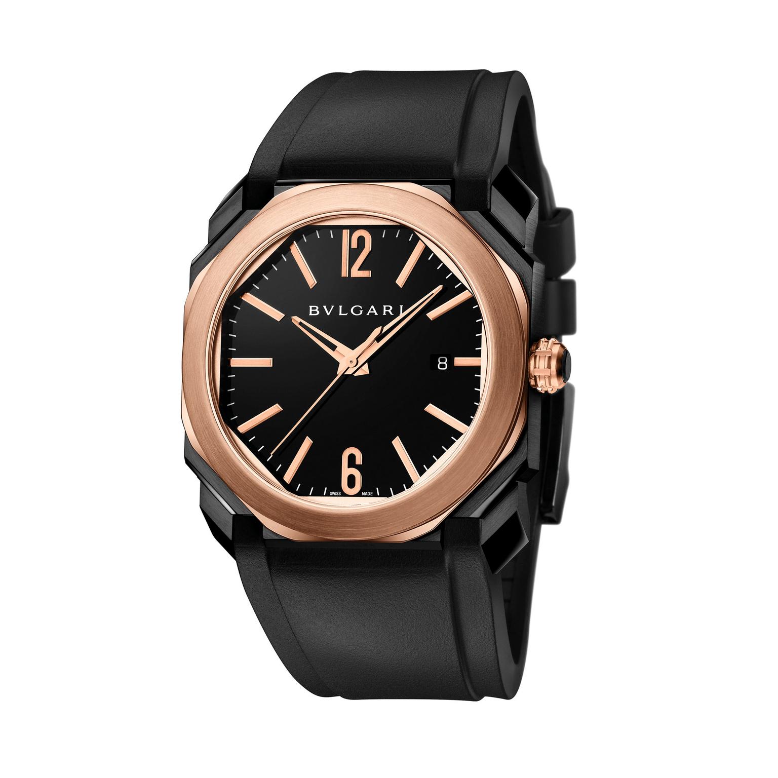 Octo Ultranero Solotempo watch with pink gold bezel, Bulgari