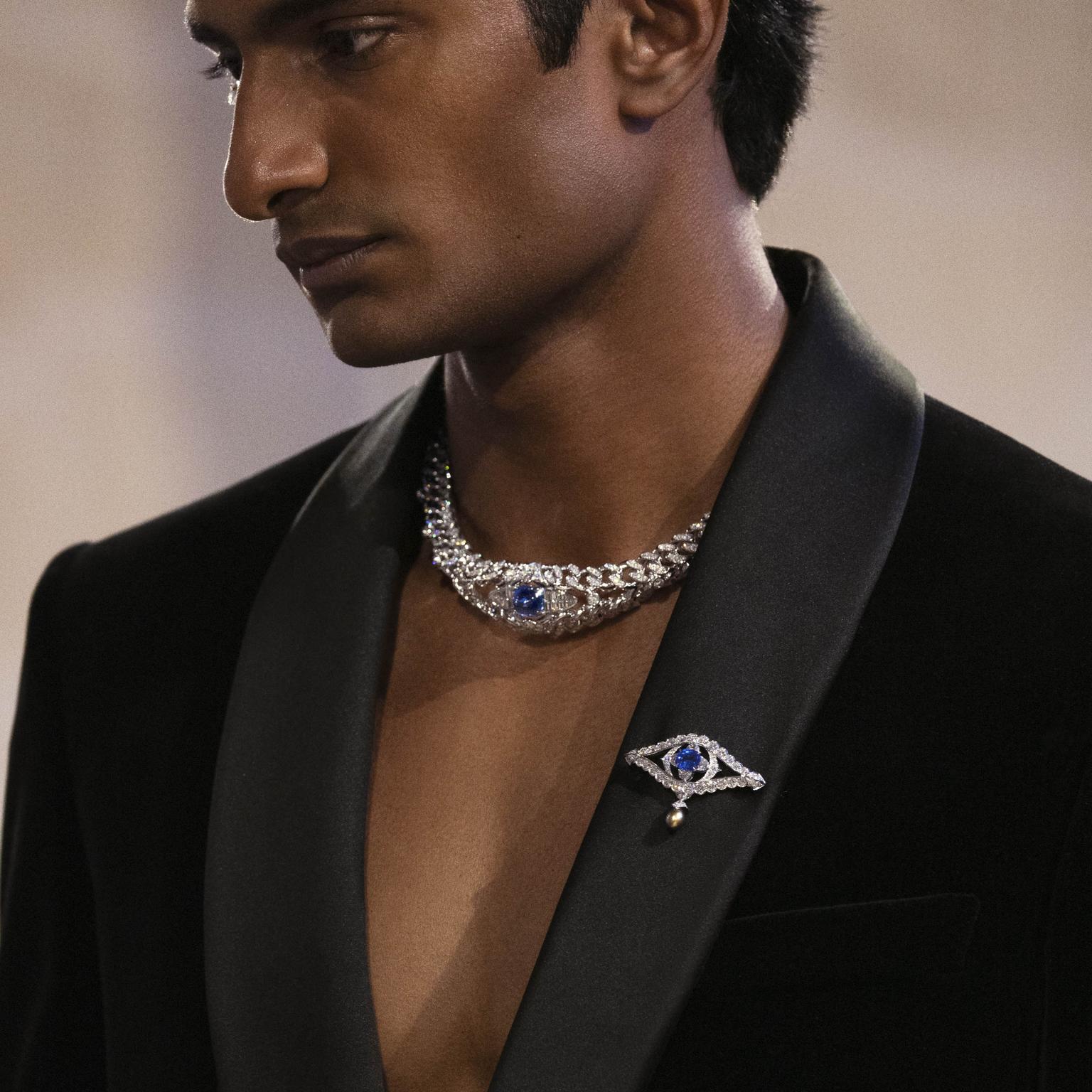 Keeper necklace, brooch, ring on model,  high jewellery collection 2025 by Louis Vuitton