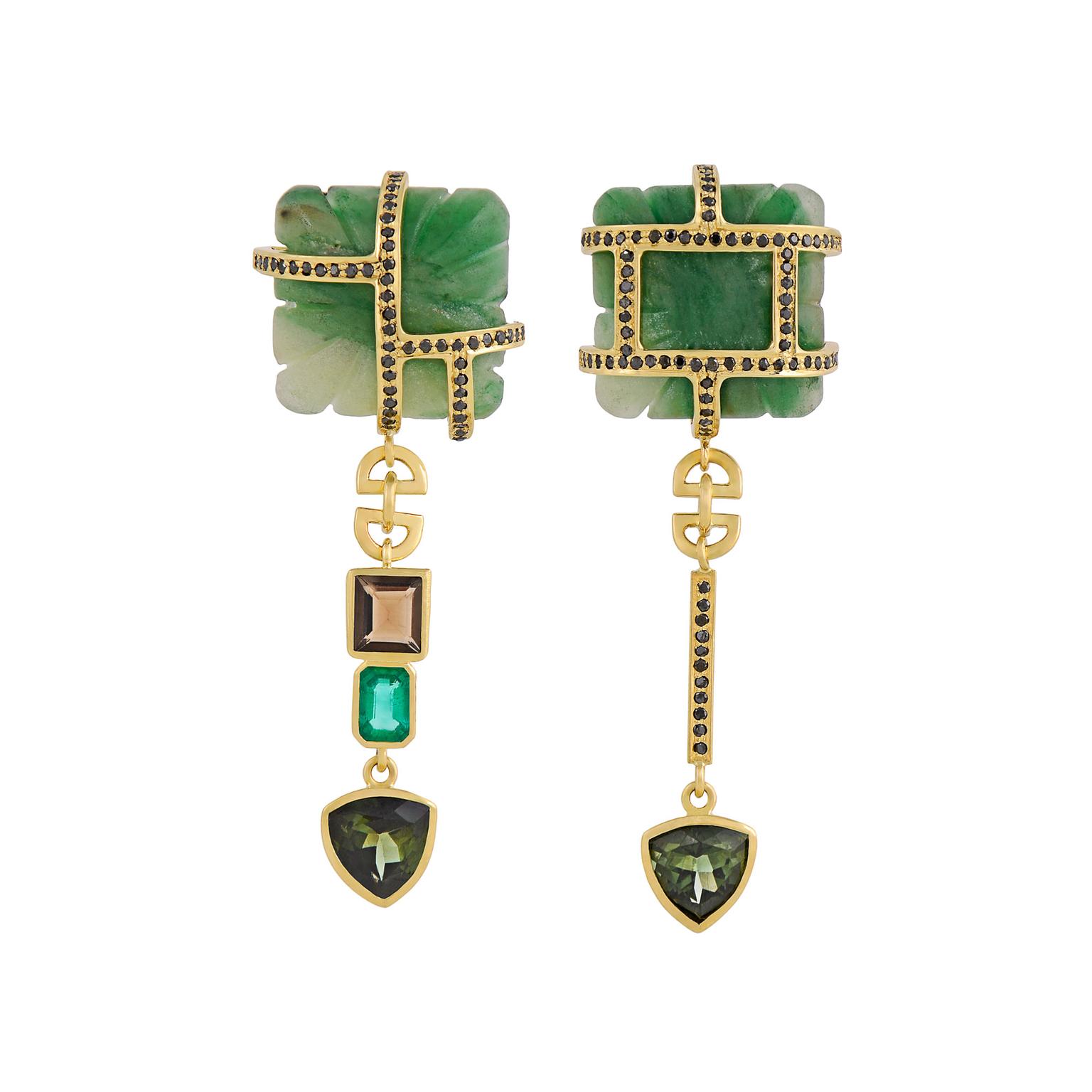 Tessa Packard carved aventurine and emerald earrings