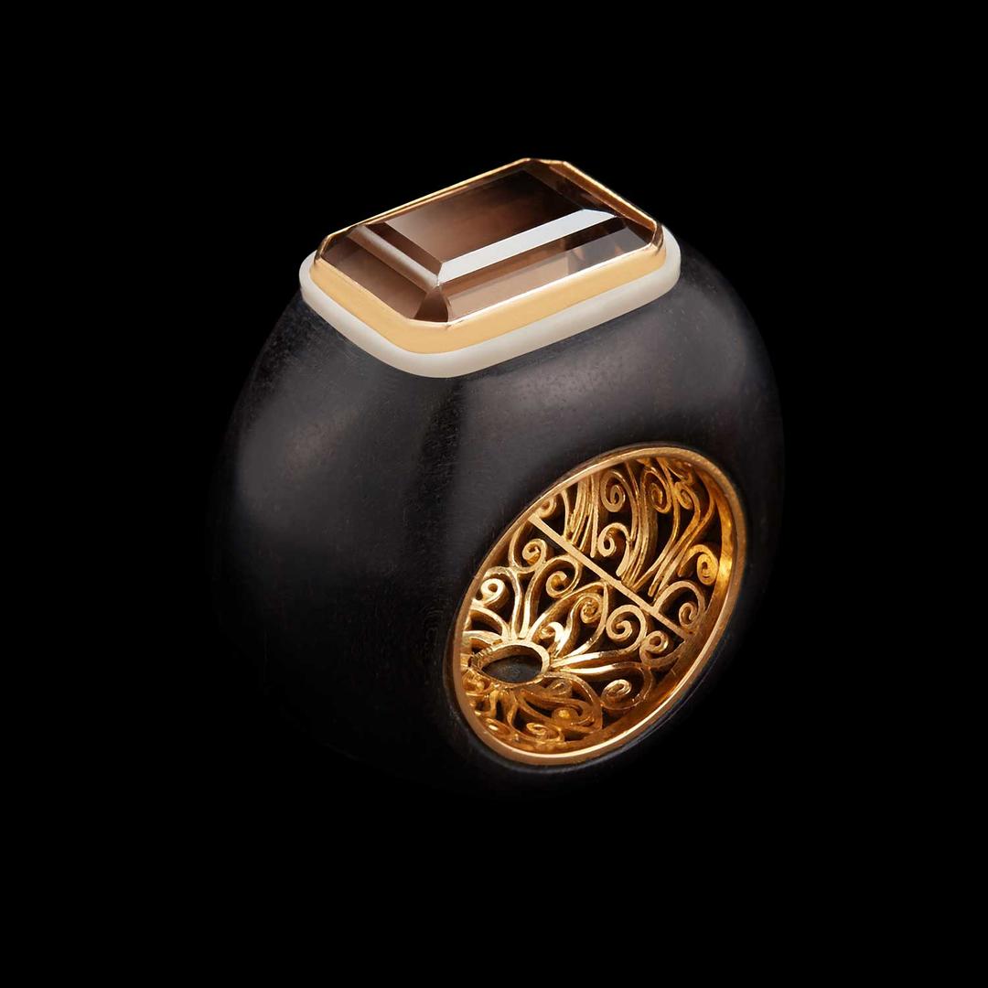 Emerald-cut smoky topaz, wood and Tagua nut ring | Alexandra Mor | The ...