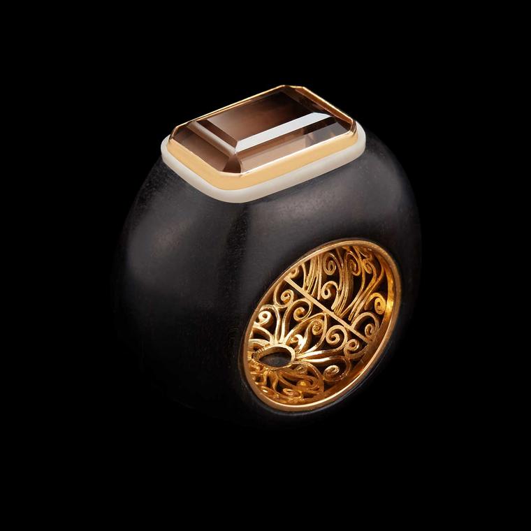 Alexandra Mor emerald-cut smokey topaz set on wood and Tagua nut ring