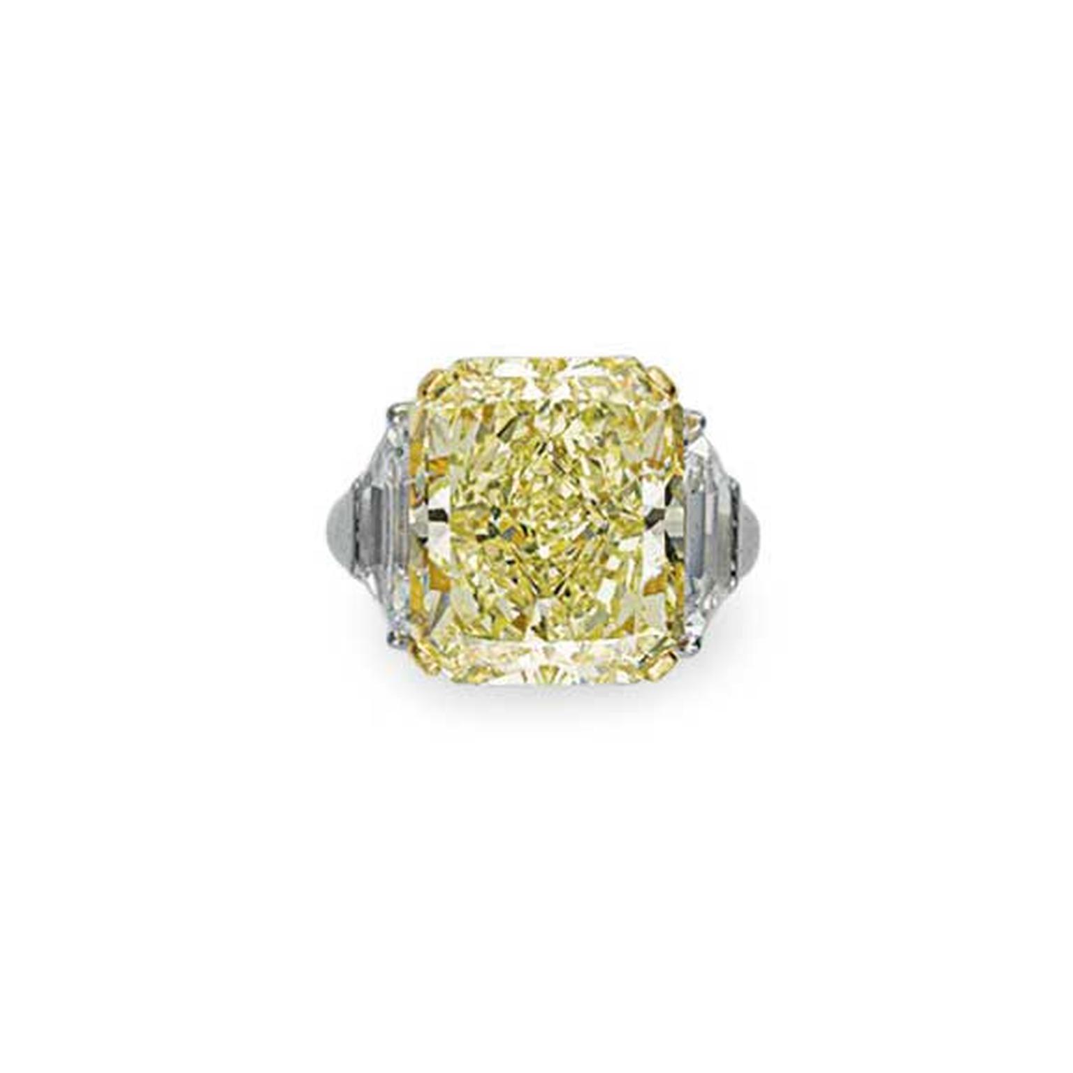 Cut cornered fancy yellow diamond ring