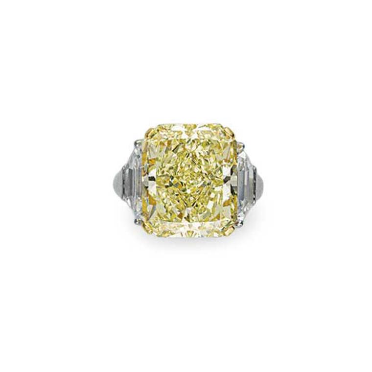 Cut cornered fancy yellow diamond ring