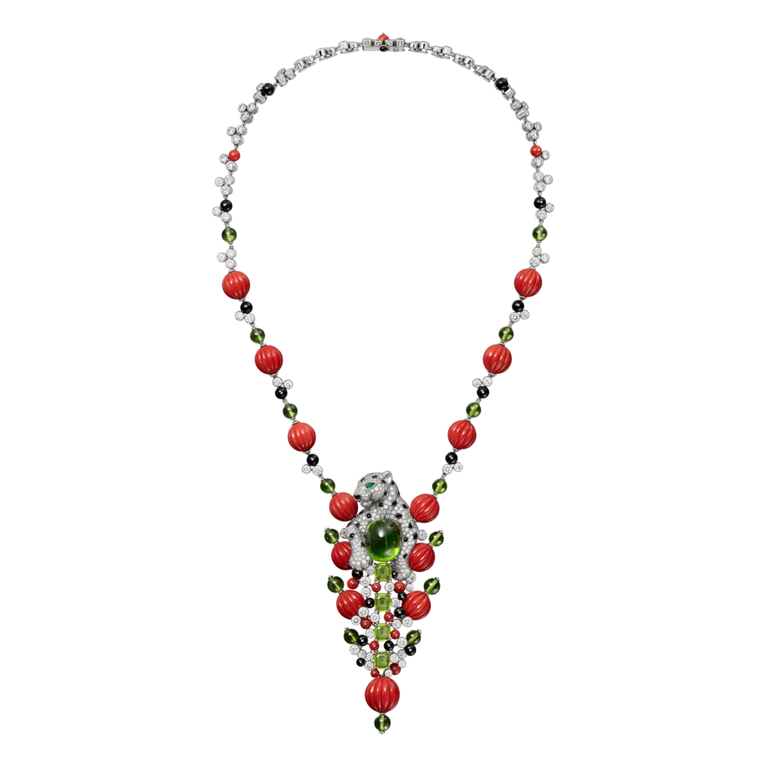Panthere necklace with peridot, coral -diamonds-onyx by Cartier. png