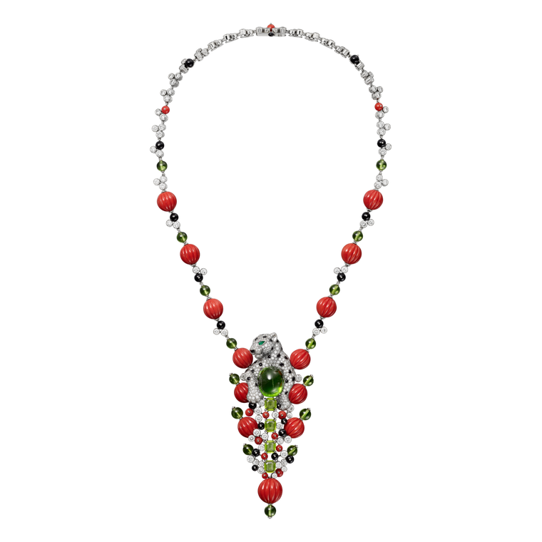 Panthere necklace with peridot, coral -diamonds-onyx by Cartier. png