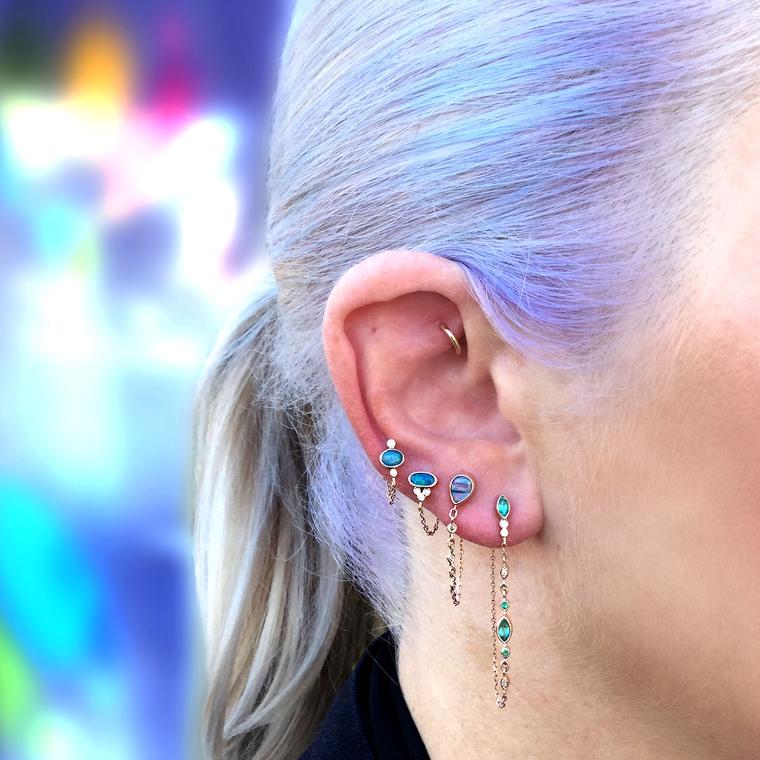 Single opal and diamond chain earring