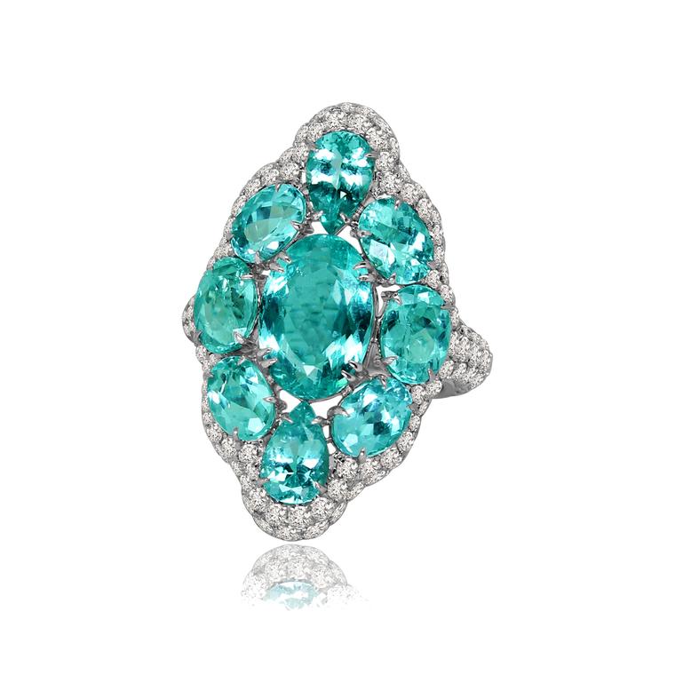 Paraiba tourmaline and diamond ring in white gold