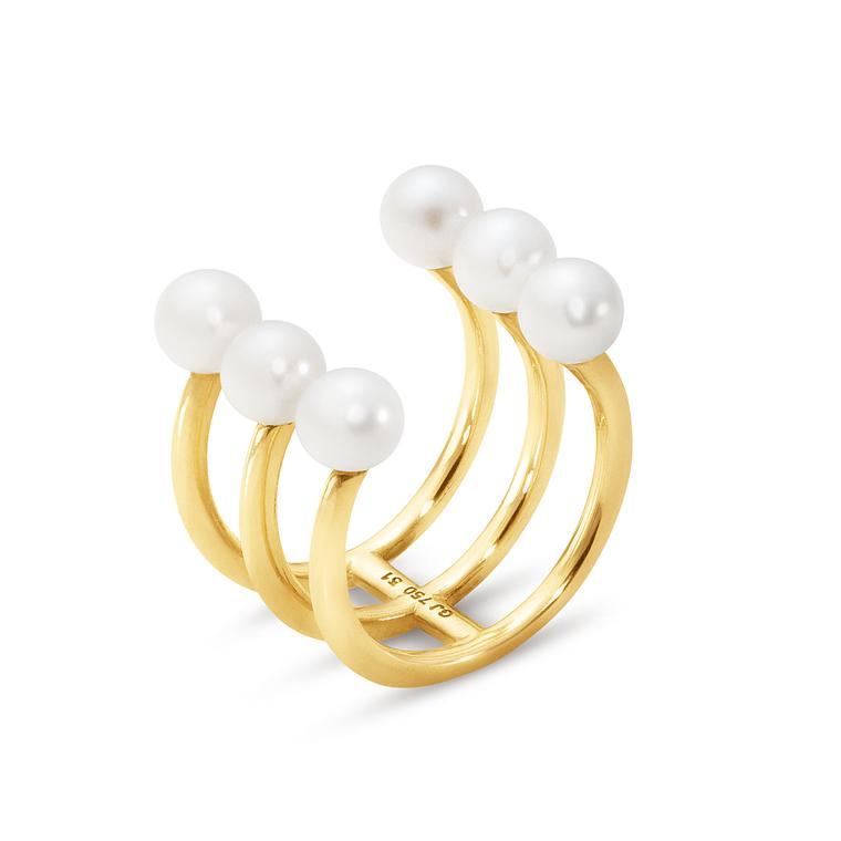 Georg Jensen Neva Collection 18ct yellow gold ring set with white cultured Freshwater pearls