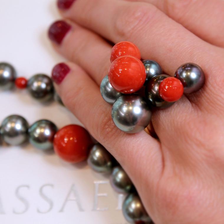 Assael Sardian coral and Tahitian pearl ring as seen at Las Vegas Couture 2017