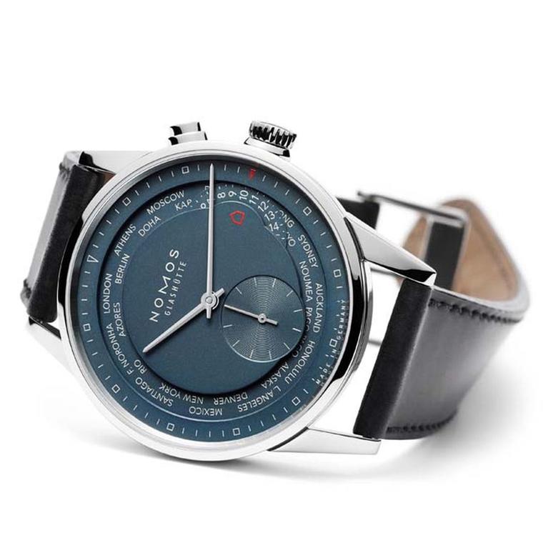 The cult German brand Nomos launched the Zurich Worldtimer Trueblue watch with 24 time zones that can be changed by a simple click. In spite of the technical complexity, Nomos has retained the company's minimalist Bauhaus aesthetic (£3,850).