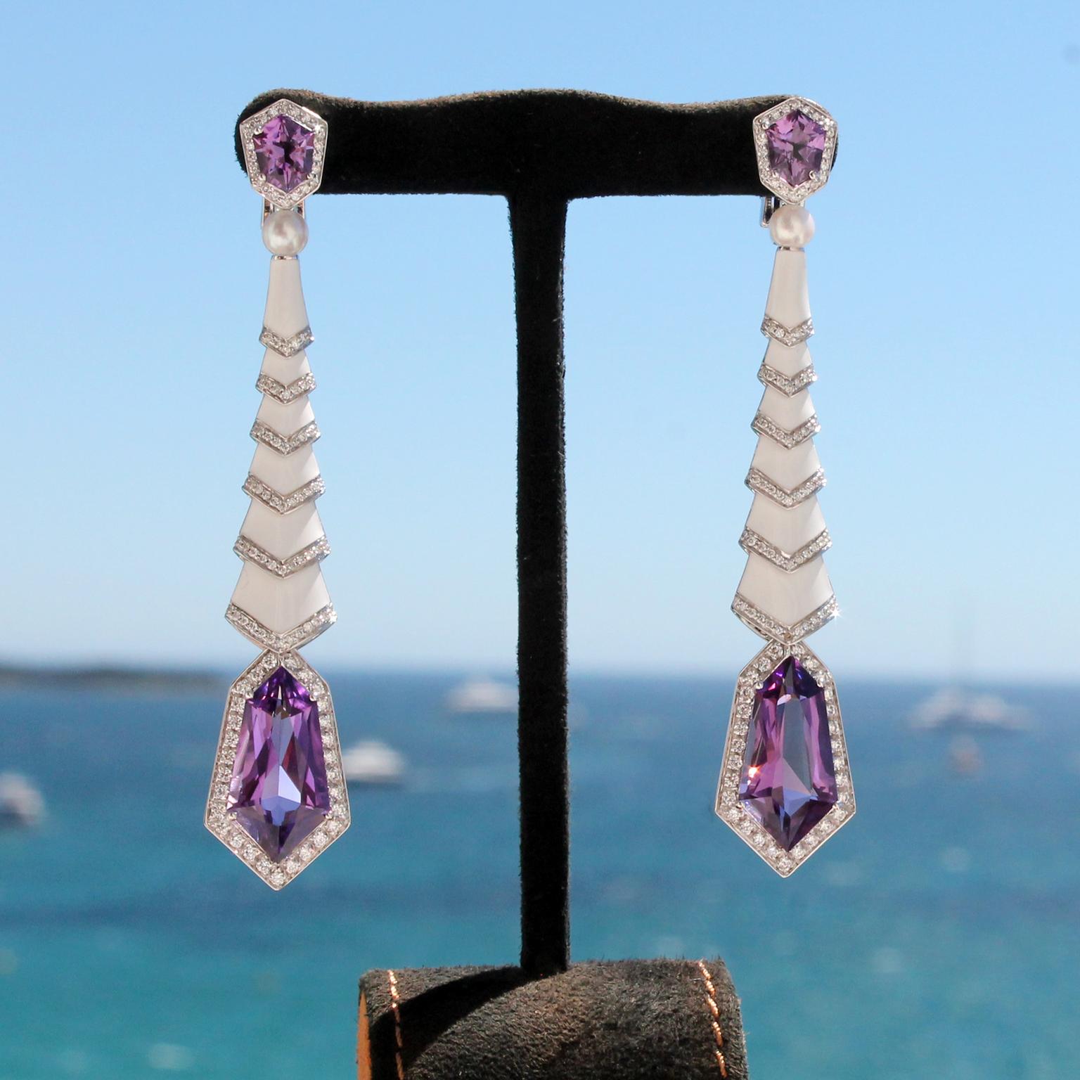 Avakian amethyst and white enamel earrings