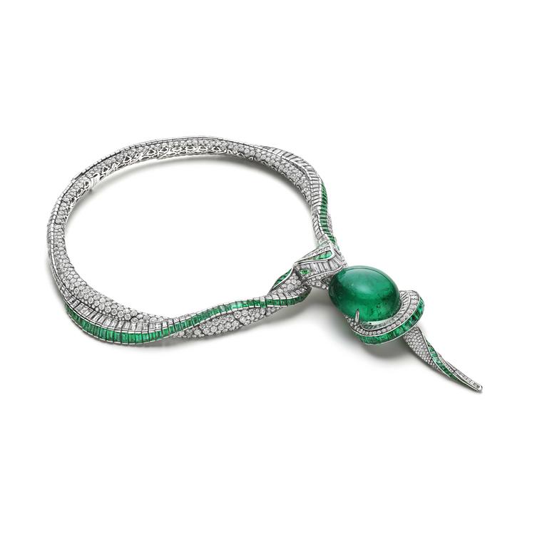 Bulgari Serpenti Hypnotic Emerald necklace with 93.83 carat cabochon-cut emerald
