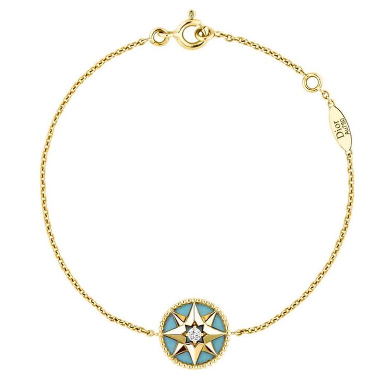 Dior Rose Des Vents bracelet in yellow gold and turquoise, set with a single diamond at the centre of the star (£1,150).