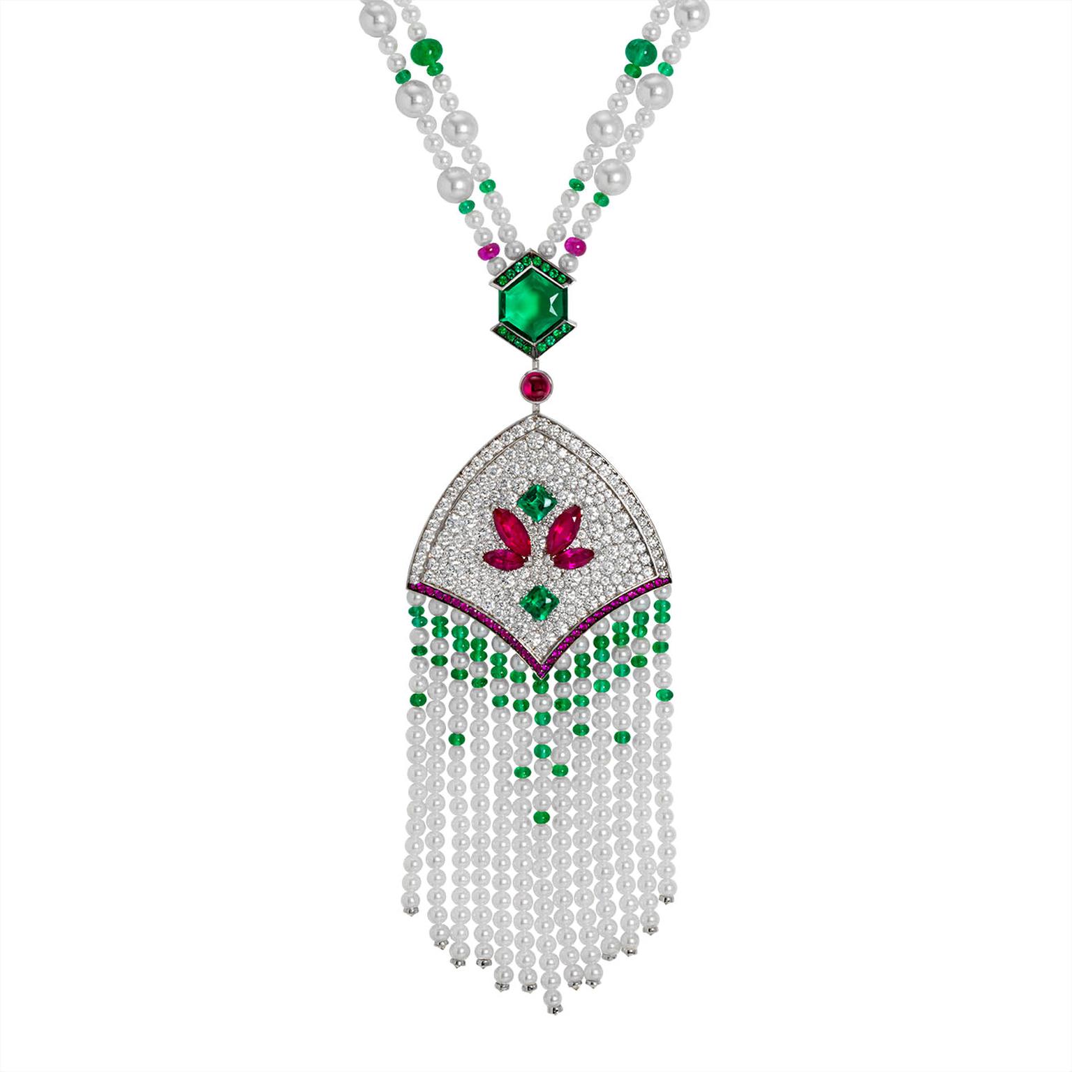 John Rubel diamond, emerald, pearl and ruby necklace