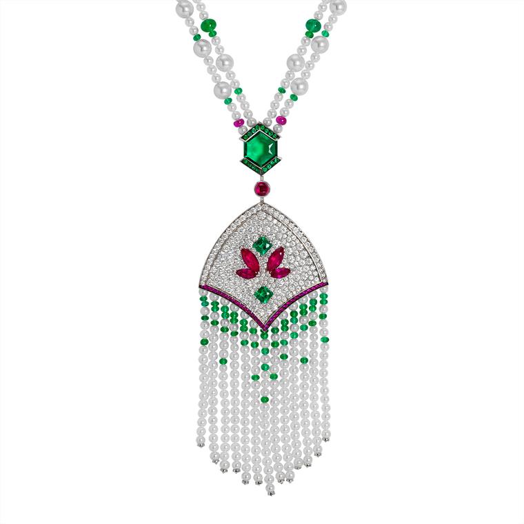 Mistinguett pearl, emerald, ruby and diamond pendant