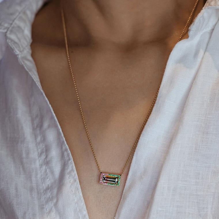 Watermelon tourmaline with emerald, sapphire and diamond necklace by Lena Cohen