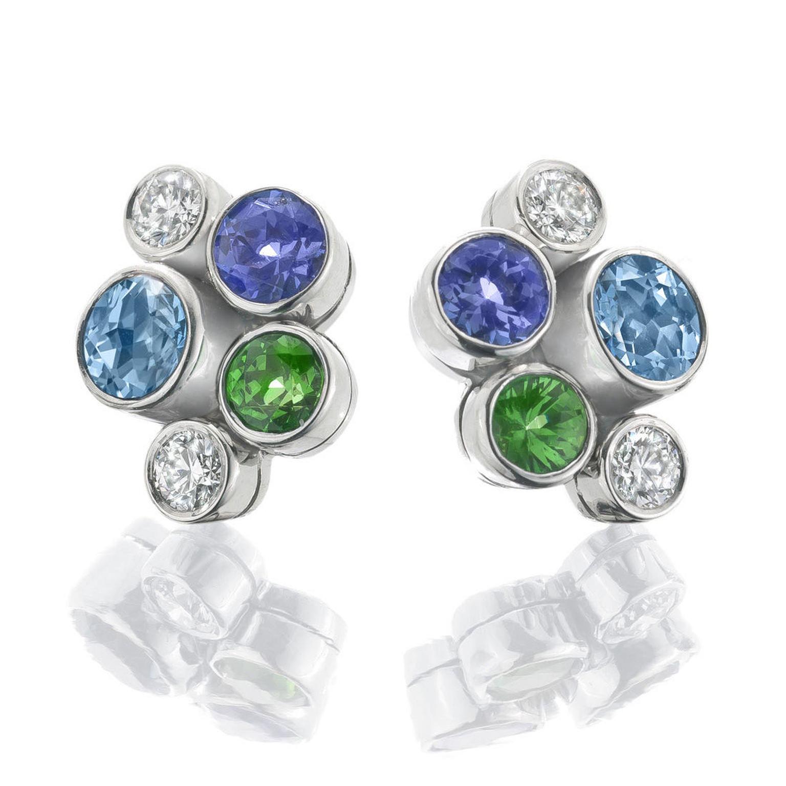 Boodles tsavorite, aquamarine, tanzanite and diamond earrings