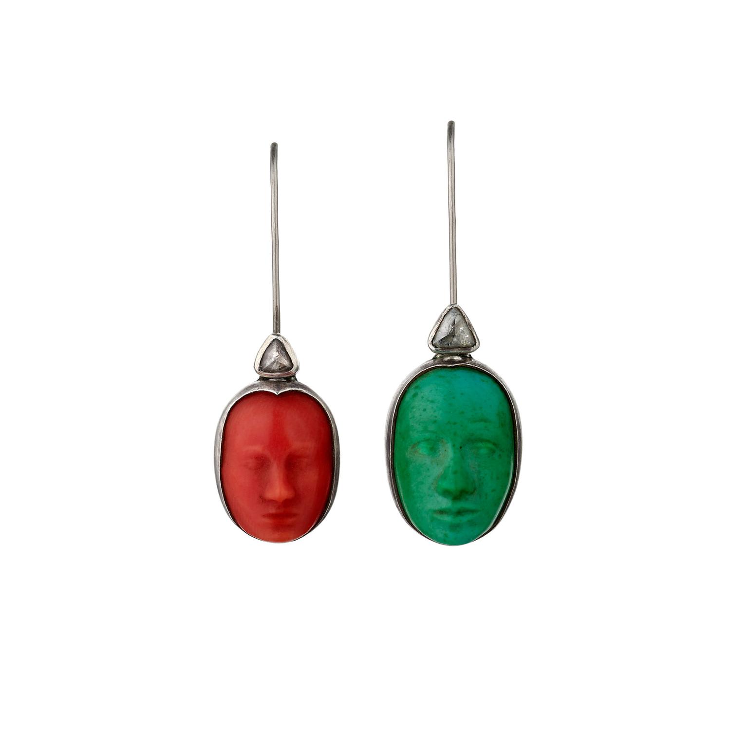 Charlotte De Syllas coral, turquoise and rough diamond earrings