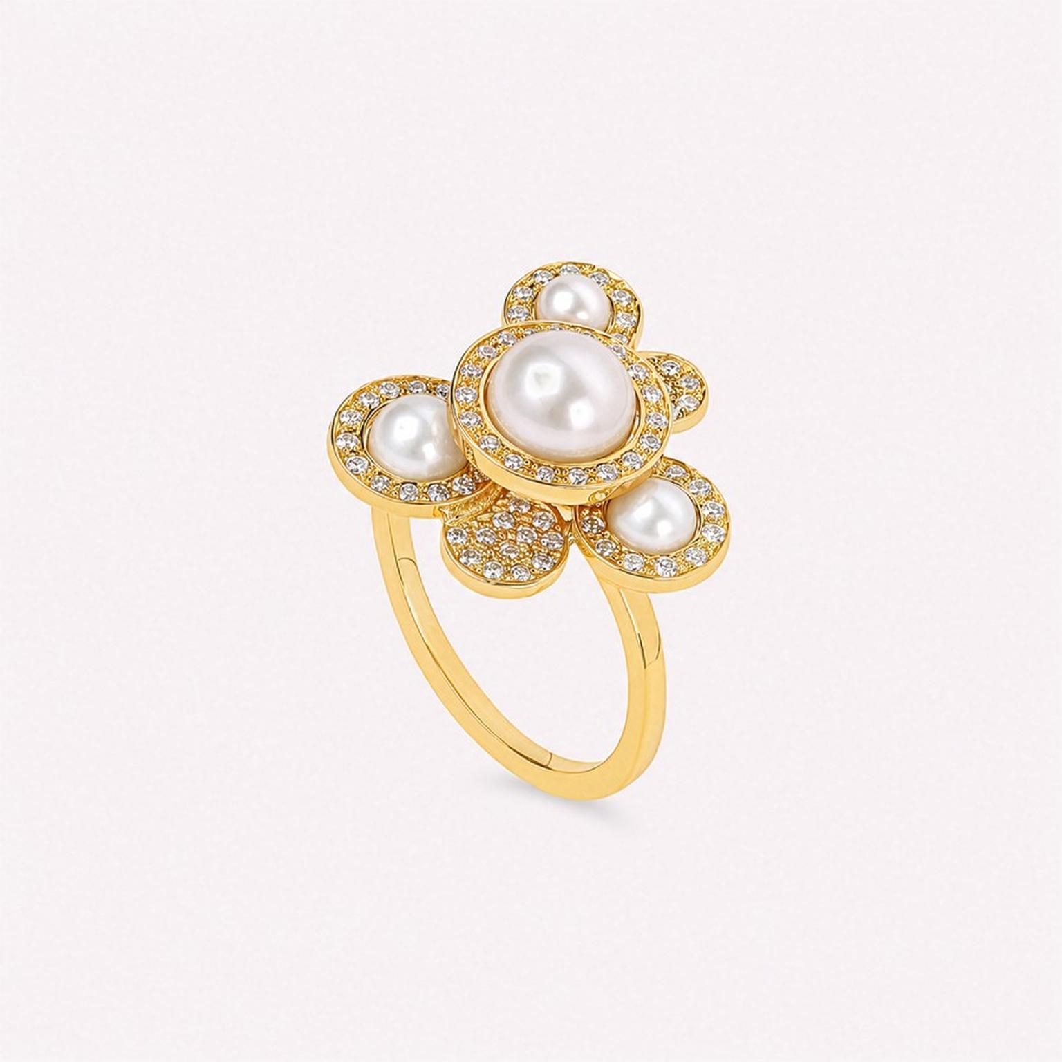 D1928 Bague Pine de en or jaune et perles blanches