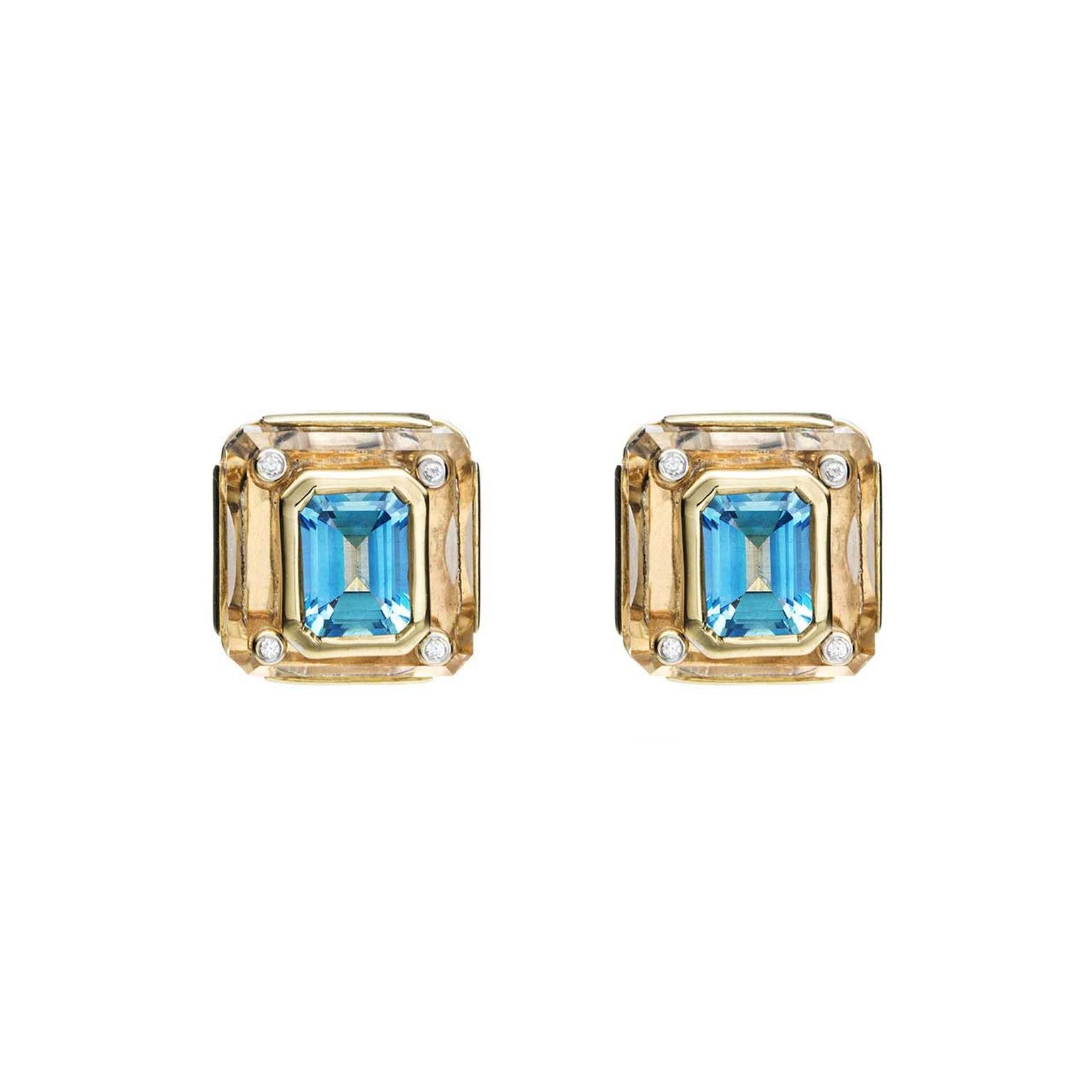 Kara Ross Cava earrings in rock crystal with blue topaz