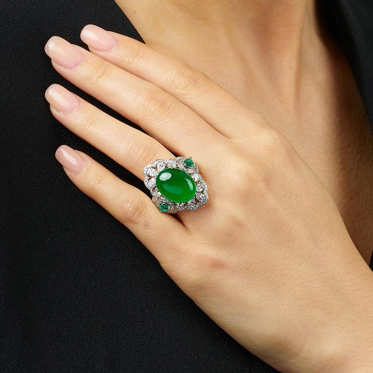 Lot 581 Jadeite Emerald and diamond ring for Phillips on model