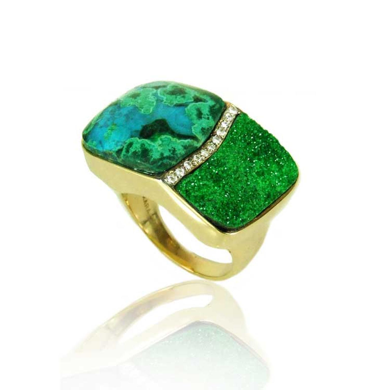 Kara Ross Petra Split ring with smooth chrysocolla and raw uvarovite