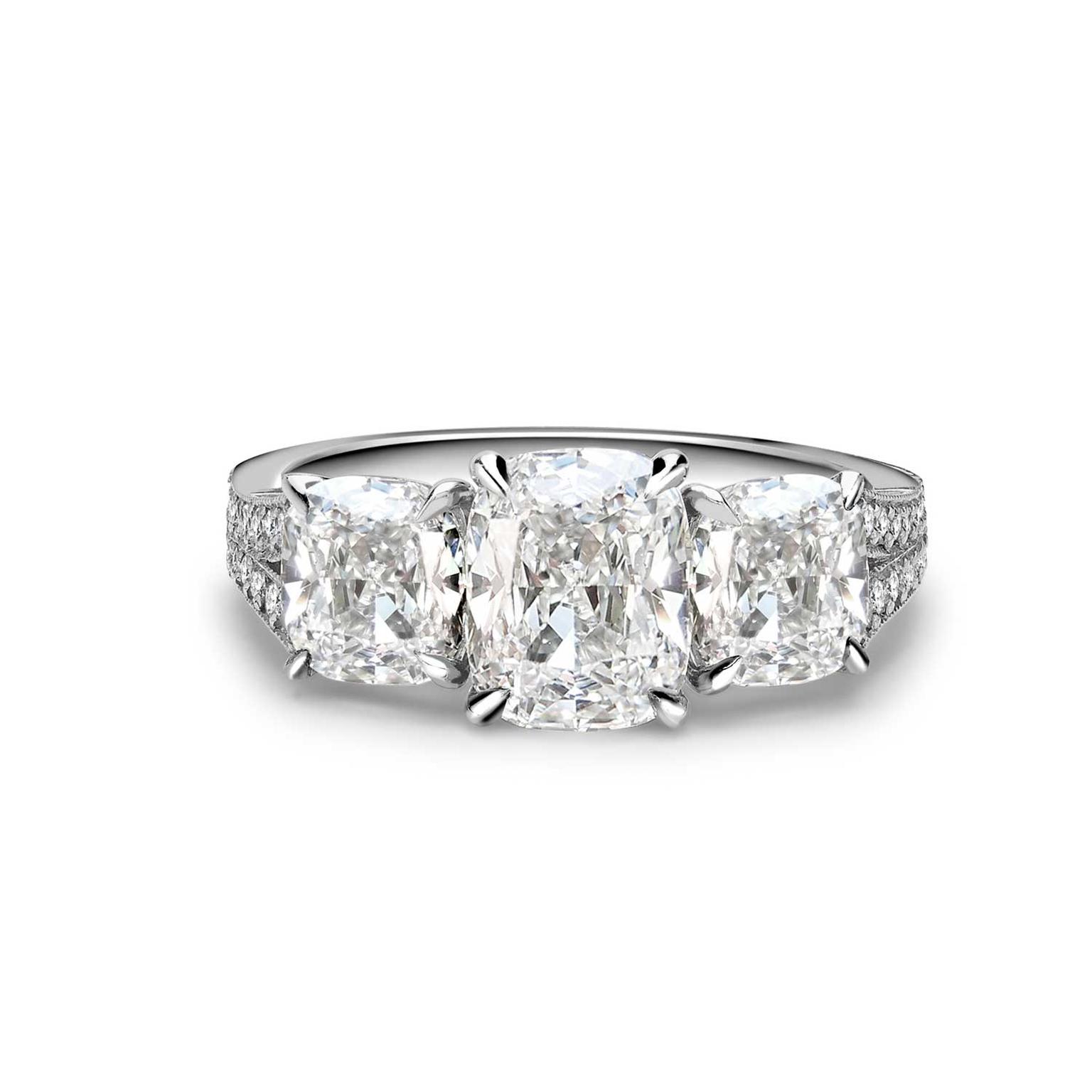 George Pragnell three stone cushion cut engagement ring