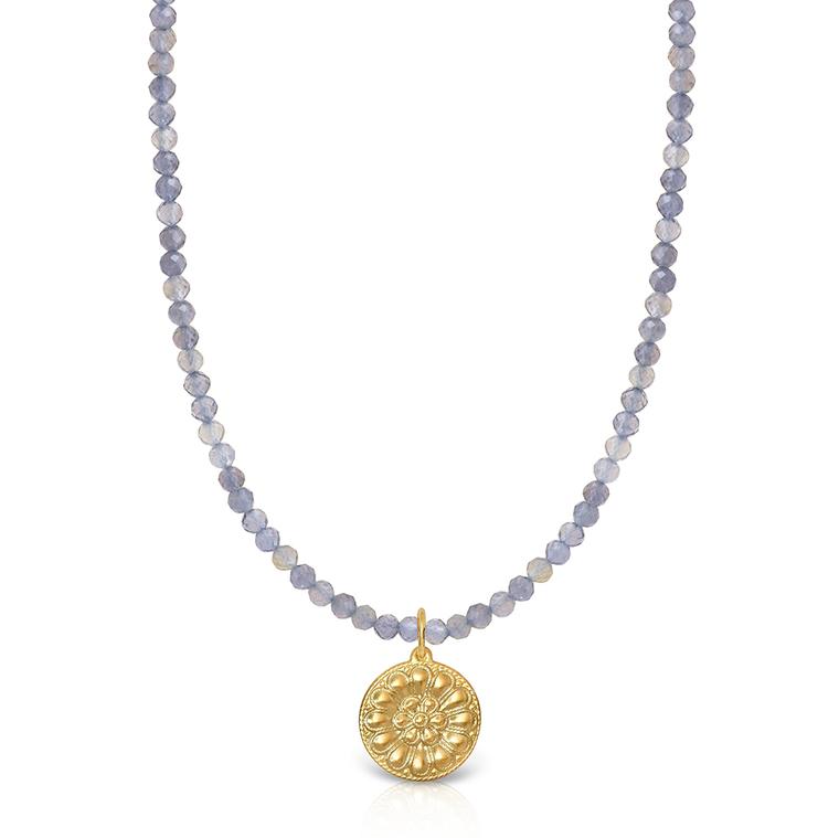 Necklace with faceted iolite beads and gold blossom rosette motif by Lalaounis