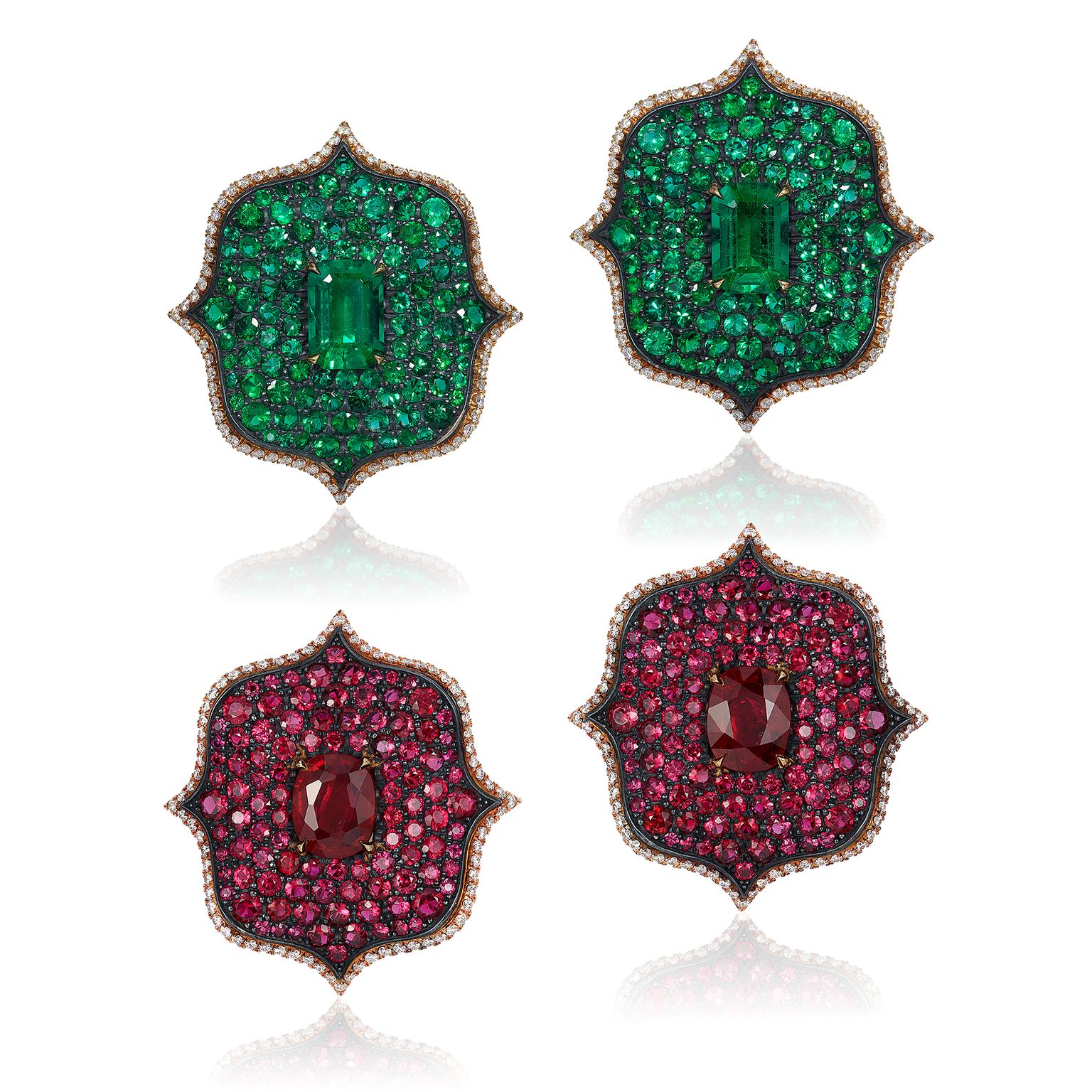 Bayco Monochrome Lotus earrings with emeralds and rubies