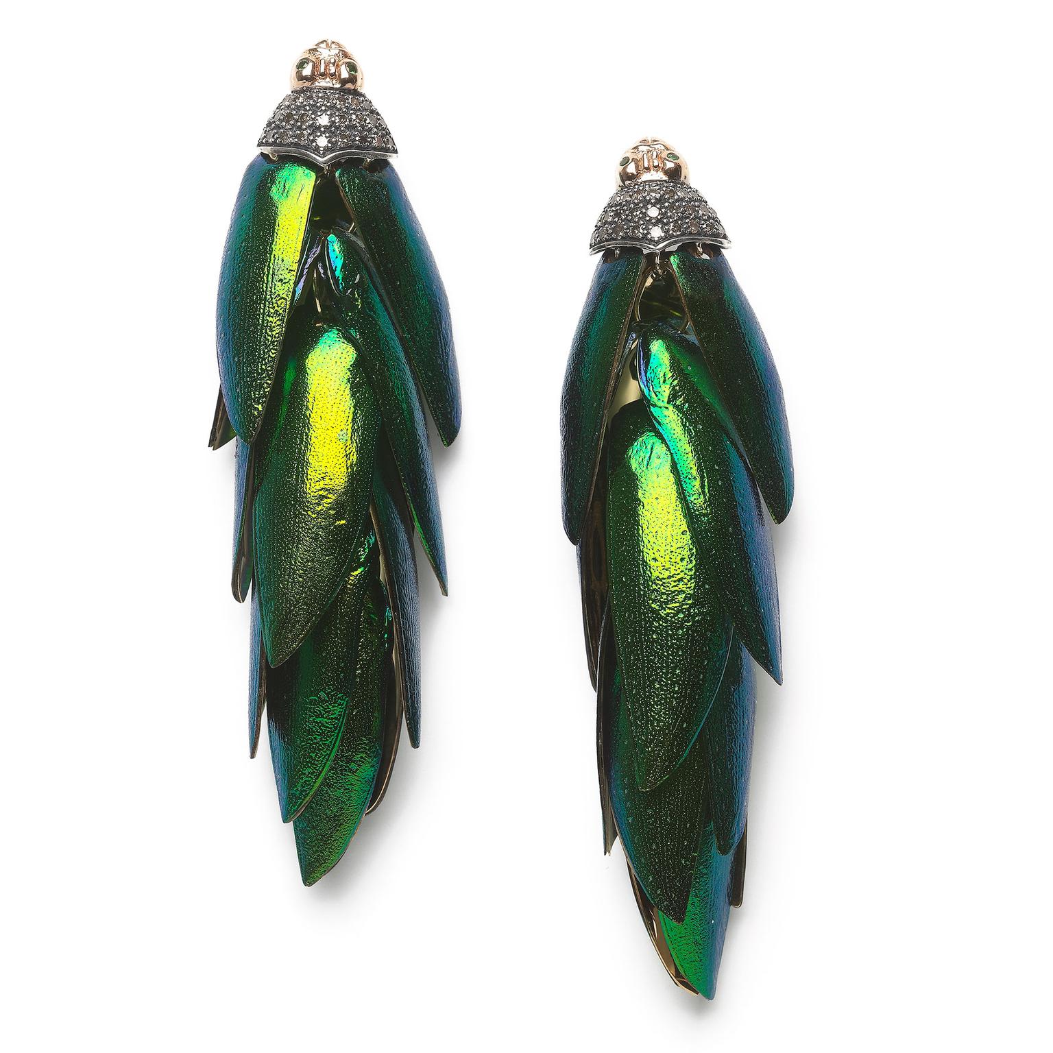 Bibi van der Velden Scarab bunch earrings in gold featuring authentic, ethically sourced beetle wings (£5,055).