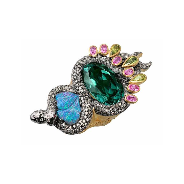 Black opal and tourmaline ring