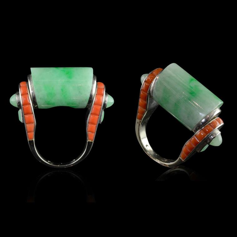 Hanocks London vintage 1930 Art Deco Elizabeth Taylor jade and coral ring, at TEFAF 2017