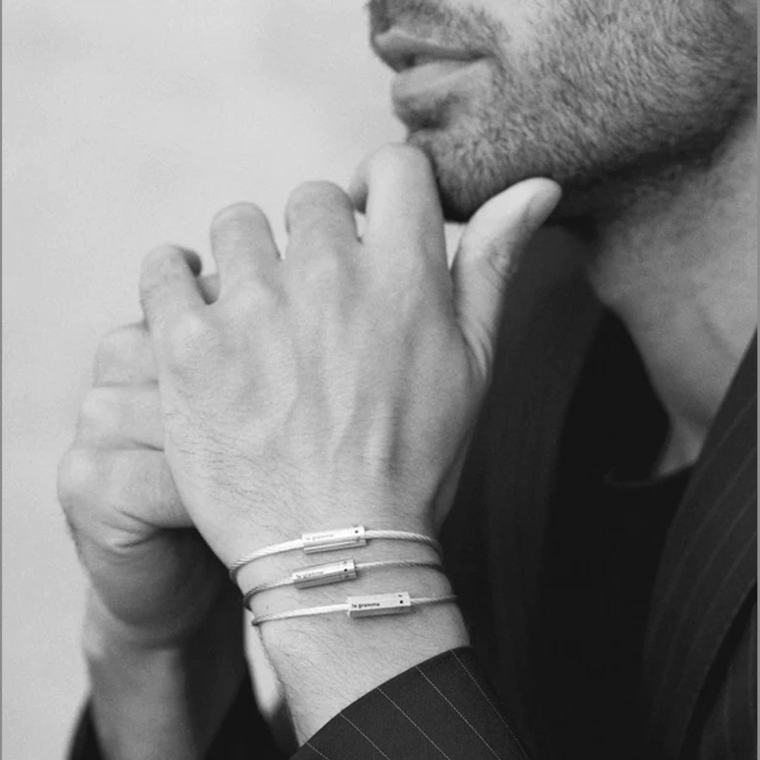 Punched cable bracelet by Le Gramme on model