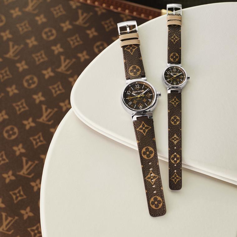 Louis Vuitton Icon Tambour Monogram watches on white leather