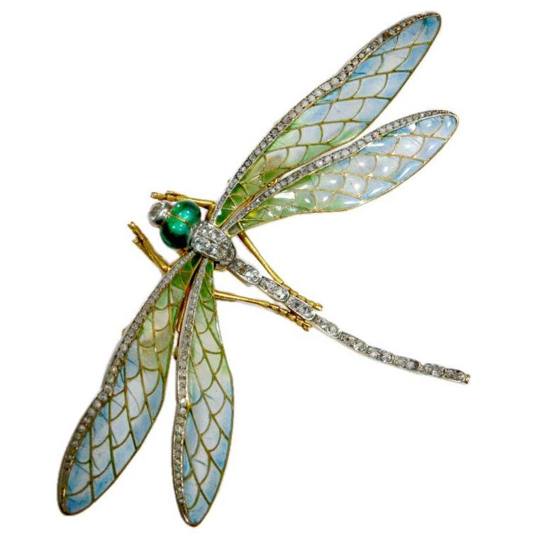Linda Horn Art Nouveau dragonfly pin with Plique-à-Jour enamel and rose-cut diamonds