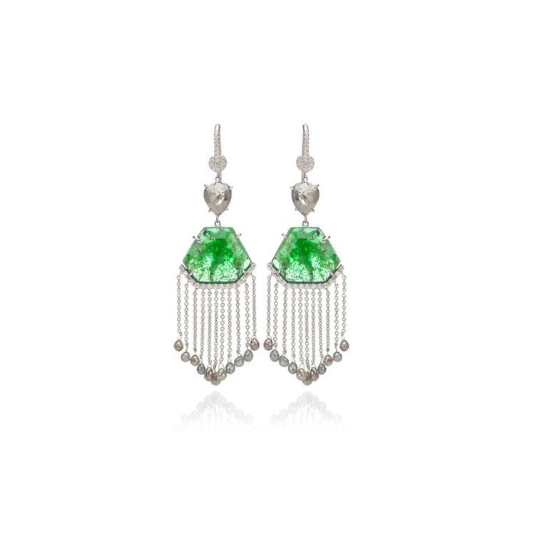Nina Runsdorf emerald fringe earrings