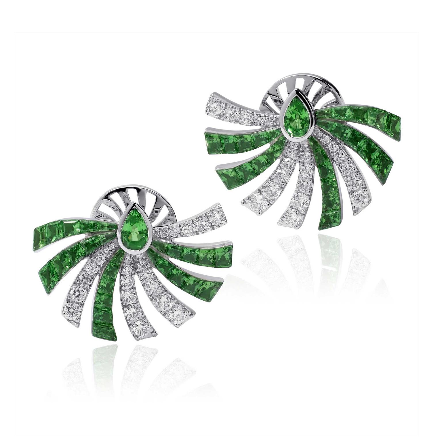 Stenzhorn Persuasion stud earrings in white gold with tsavorites and diamonds