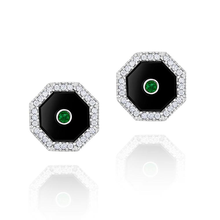 Atelier Schiper Phi Octahedron diamond and emerald earrings