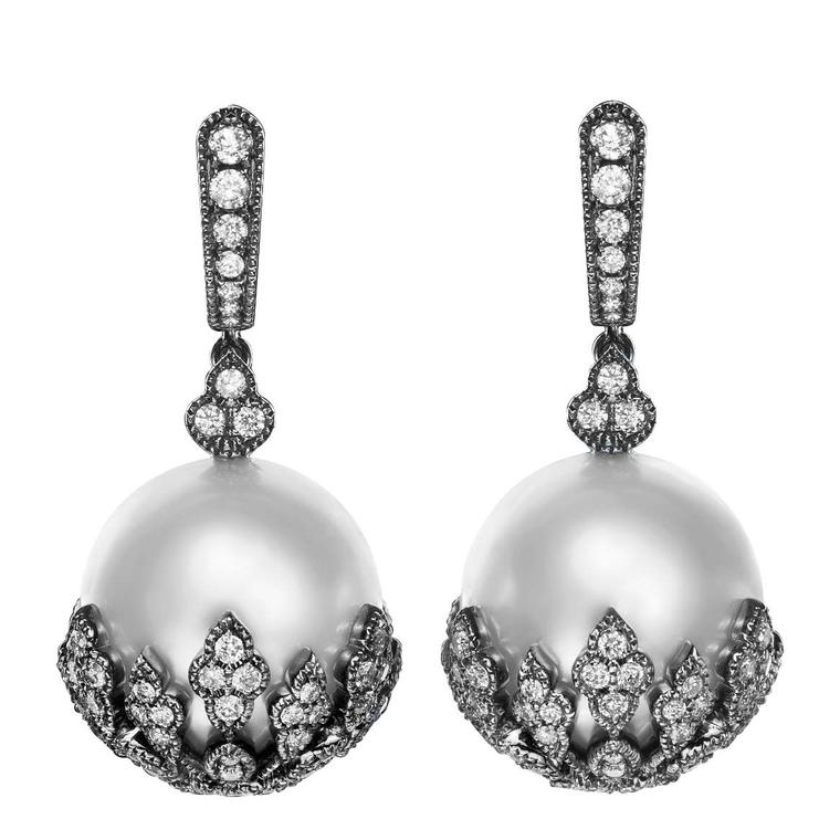 The Botanics earrings from No. THIRTY THREE in 18 carat black gold with white diamonds and South Sea pearls