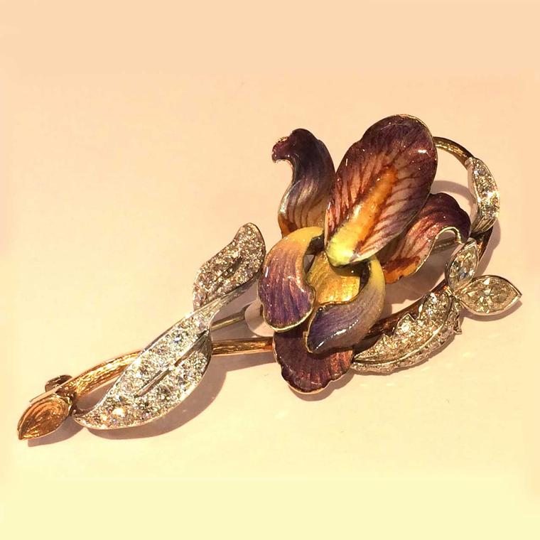 Designs by Irene Art Noveau enamel and diamond orchid brooch